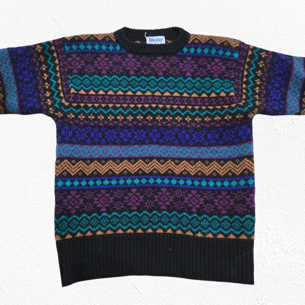 Vintage 90s Meister Fair Isle Geometric Wool Ski Pullover Sweater Size Small